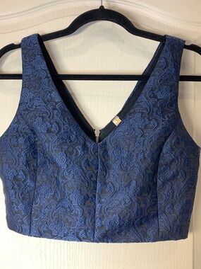 Andrée Damask Crop Top Blue Black Baroque Bustier Style Zip Back S